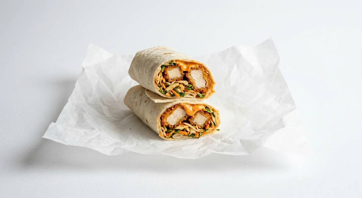 LEON Crunchy Korean Chicken Wrap, crispy chicken pieces with kimchi slaw and Korean mayo wrap cut in half on white paper, nutrition and calories