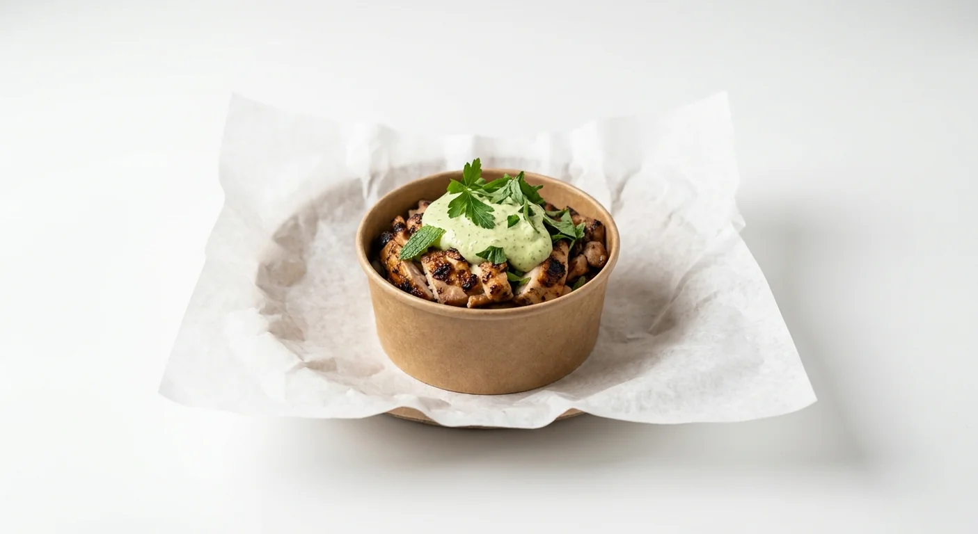 LEON Aji Verde Chicken Mezze, chargrilled chicken pieces with green aji verde sauce and herbs in a small kraft bowl on white paper, nutrition and calories