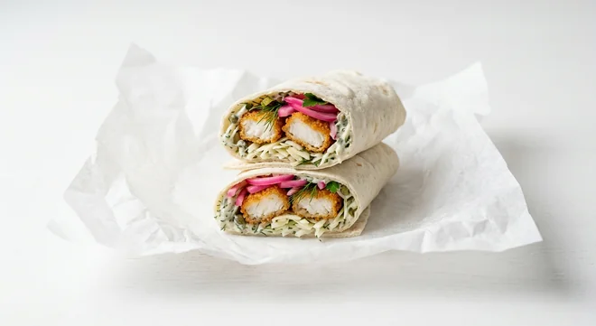 LEON Fish Finger Wrap, breaded fish fingers, fennel slaw, tartare sauce and pickled onion wrap cut in half on white paper, nutrition and calories