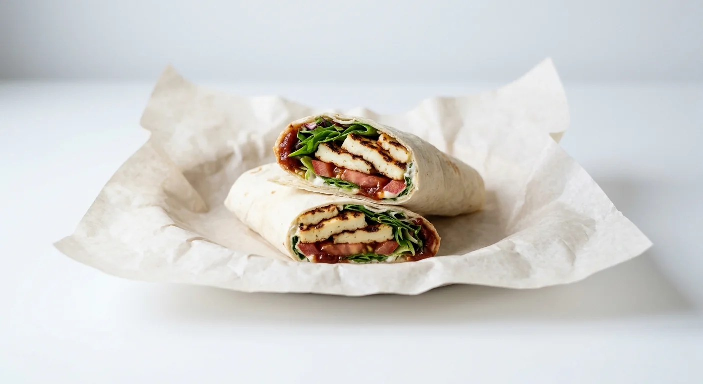 LEON Grilled Halloumi Wrap, grilled halloumi, tomato, leaves, aioli and ketchup wrap cut in half on white paper, nutrition and calories