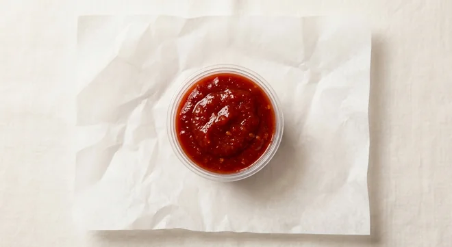 LEON Chilli Sauce Pot, thick red tomato chilli sauce in a clear pot on white paper, nutrition and calories