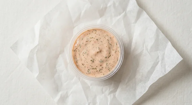 LEON Burger Sauce Pot, creamy pink-orange burger sauce in a clear pot on white paper, nutrition and calories