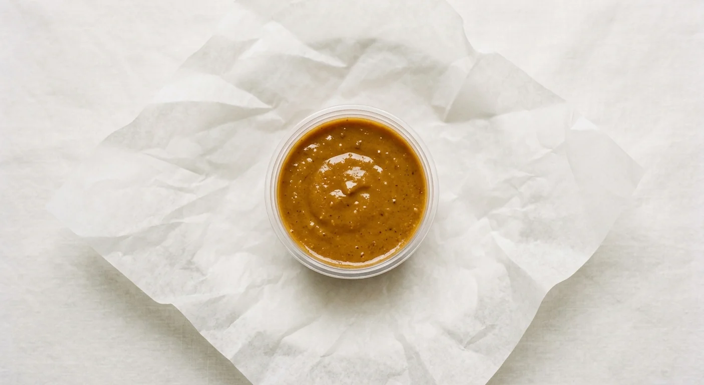 LEON Peanut Satay Pot, smooth golden-brown peanut satay sauce in a clear pot on white paper, nutrition and calories