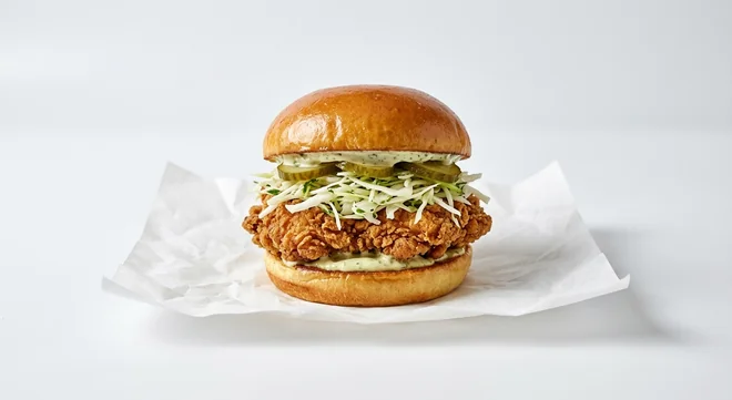 LEON Aji Verde Crispy Chicken Burger with Gluten-Free Bun, crispy chicken thigh burger with fennel slaw, gherkins and green aji verde sauce in a bun on white paper, nutrition and calories