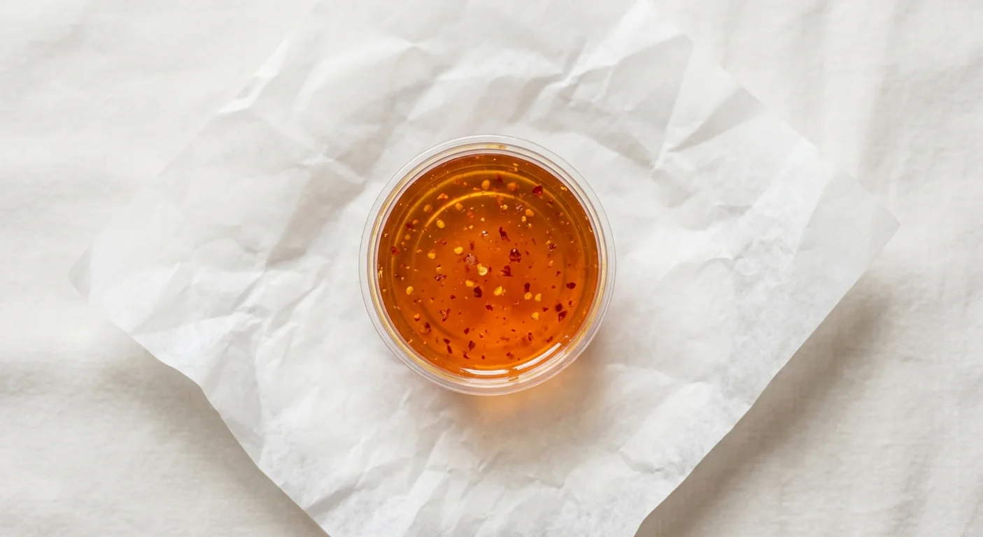 LEON Honey Sriracha Sauce Pot, glossy amber hot honey with chilli flecks in a clear pot on white paper, nutrition and calories