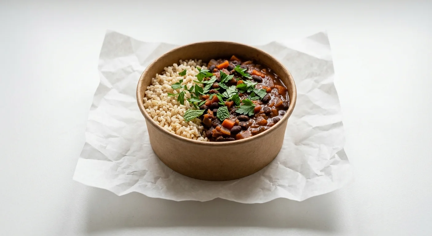 LEON Brazilian Black Bean Small Box, black bean stew with brown rice and herbs in a kraft bowl on white paper, nutrition and calories