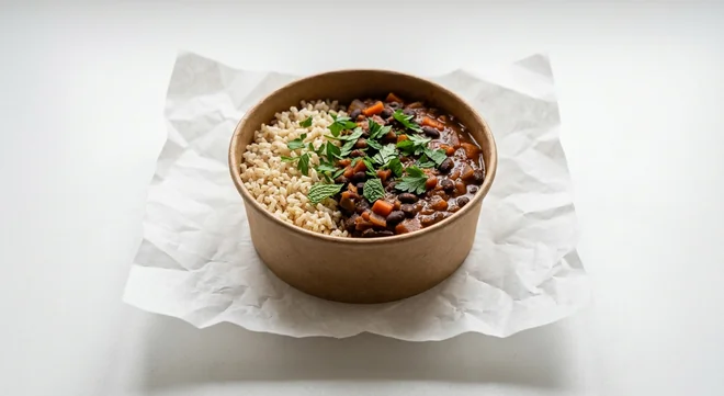 LEON Brazilian Black Bean Small Box, black bean stew with brown rice and herbs in a kraft bowl on white paper, nutrition and calories