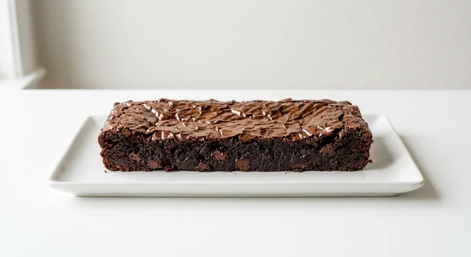 Costa Belgian Chocolate Brownie Bar (Gluten Free), long gluten-free chocolate brownie bar on a white plate, nutrition and calories