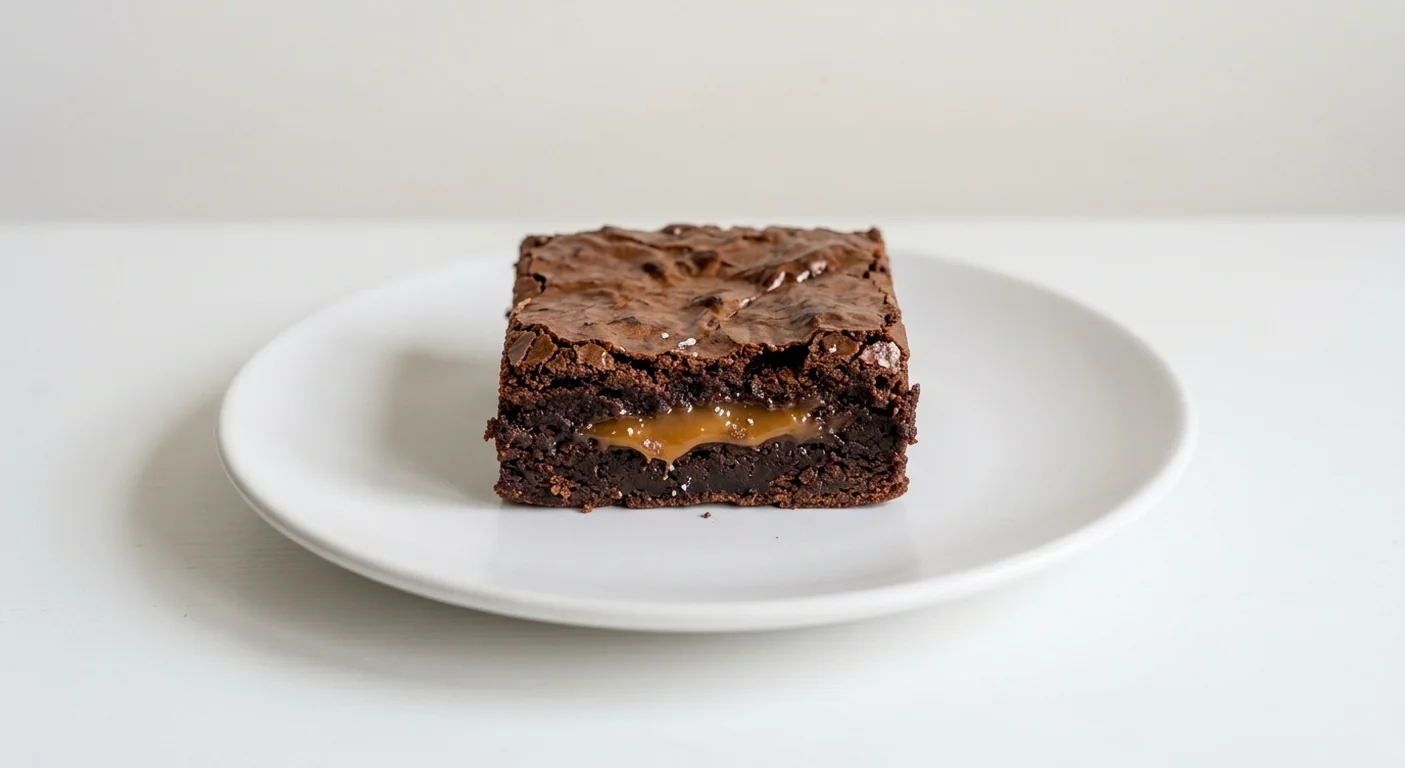 Costa Salted Caramel Brownie, square chocolate brownie with a salted caramel layer on a white plate, nutrition and calories