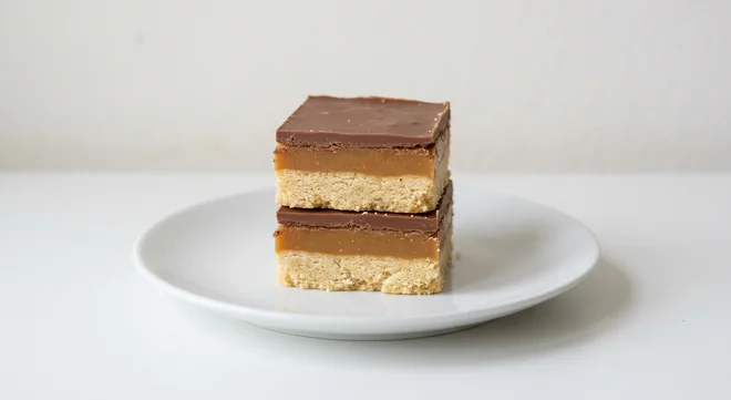 Costa Millionaire’s Shortbread, two stacked squares of millionaire's shortbread with caramel and milk chocolate on a white plate, nutrition and calories