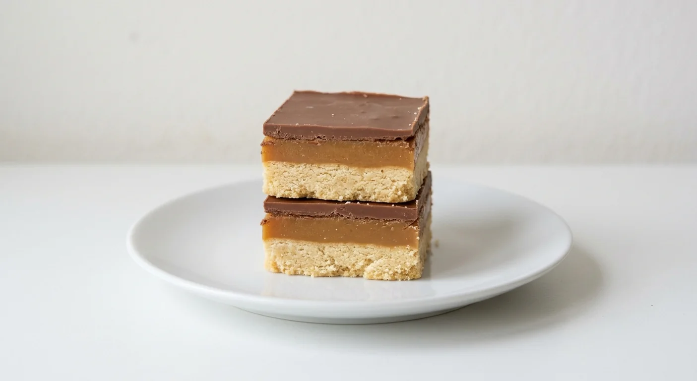Costa Millionaire’s Shortbread, two stacked squares of millionaire's shortbread with caramel and milk chocolate on a white plate, nutrition and calories