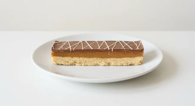 Costa Millionaire’s Shortbread Bar (Gluten Free), gluten-free millionaire's shortbread bar with caramel and drizzled chocolate on a white plate, nutrition and calories