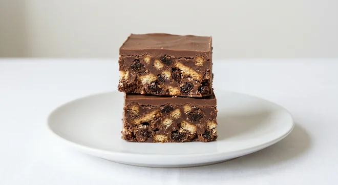 Costa Chocolate Tiffin, two stacked squares of chocolate tiffin with biscuit pieces and raisins on a white plate, nutrition and calories