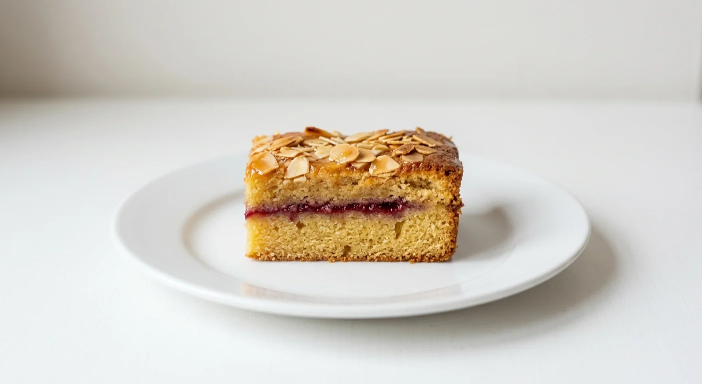Costa Raspberry & Almond Bake, raspberry and almond sponge bake topped with flaked almonds on a white plate, nutrition and calories