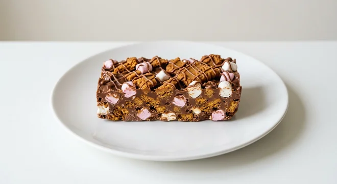 Costa Caramelised Biscuit Rocky Road, rocky road bar with caramelised biscuit pieces and marshmallows on a white plate, nutrition and calories