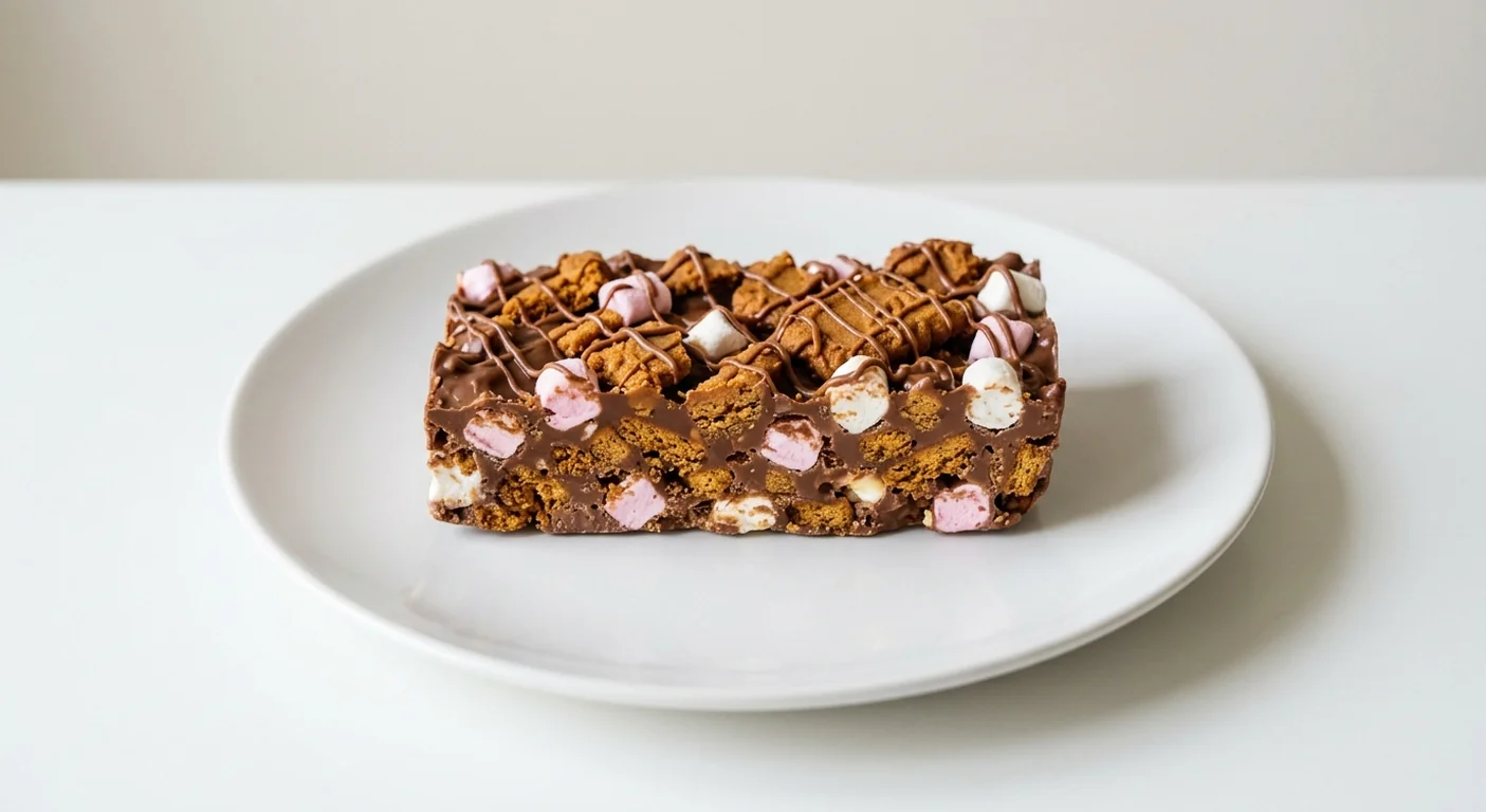 Costa Caramelised Biscuit Rocky Road, rocky road bar with caramelised biscuit pieces and marshmallows on a white plate, nutrition and calories