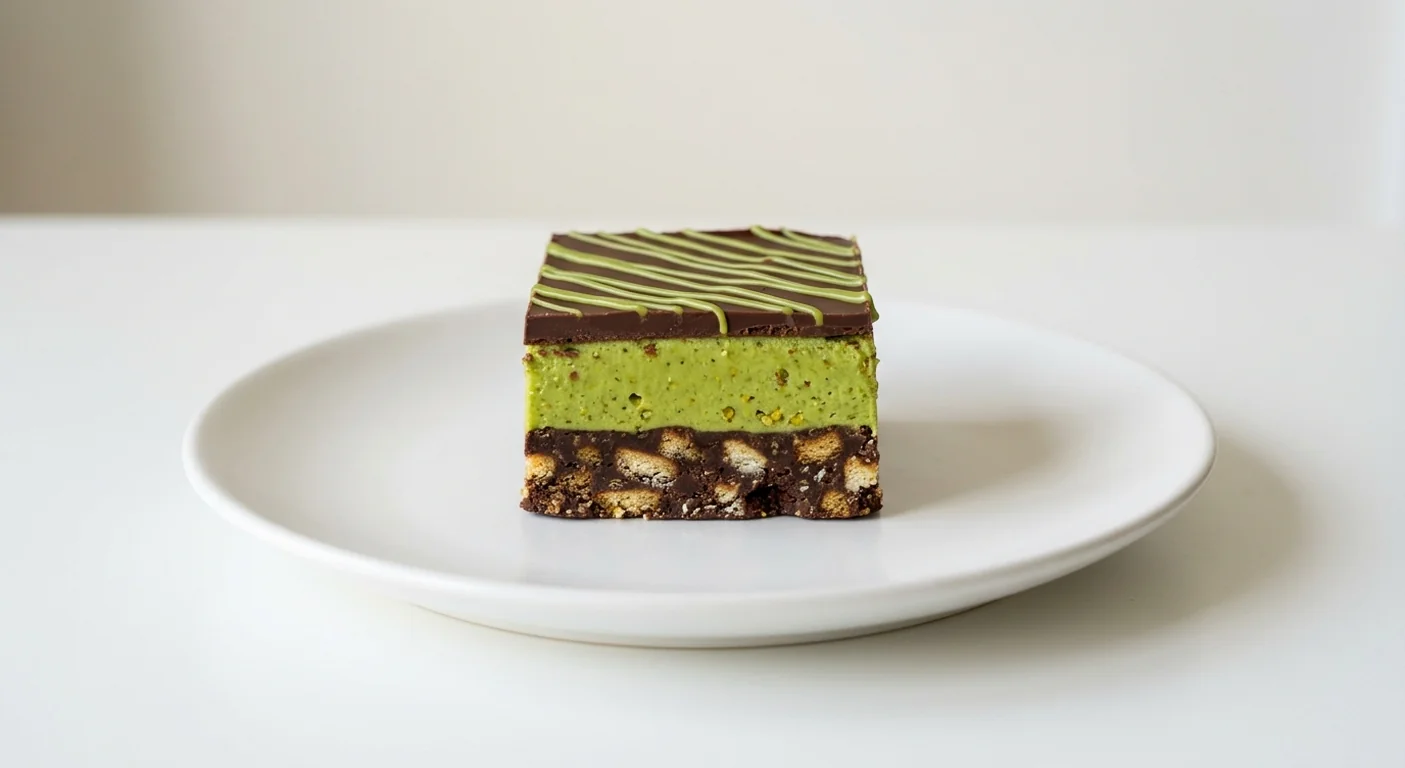 Costa Dubai Style Pistachio Tiffin, square of chocolate tiffin with a pistachio cream layer on a white plate, nutrition and calories