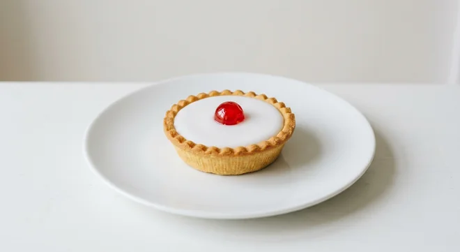 Costa Bakewell Tart, individual Bakewell tart with white icing and a glacé cherry on a white plate, nutrition and calories