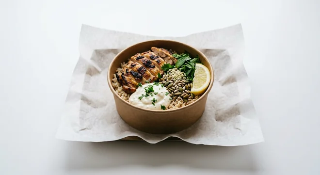 LEON Aioli Chicken Small Box, chargrilled chicken on brown rice with aioli, seeds and a lemon wedge in a kraft bowl on white paper, nutrition and calories