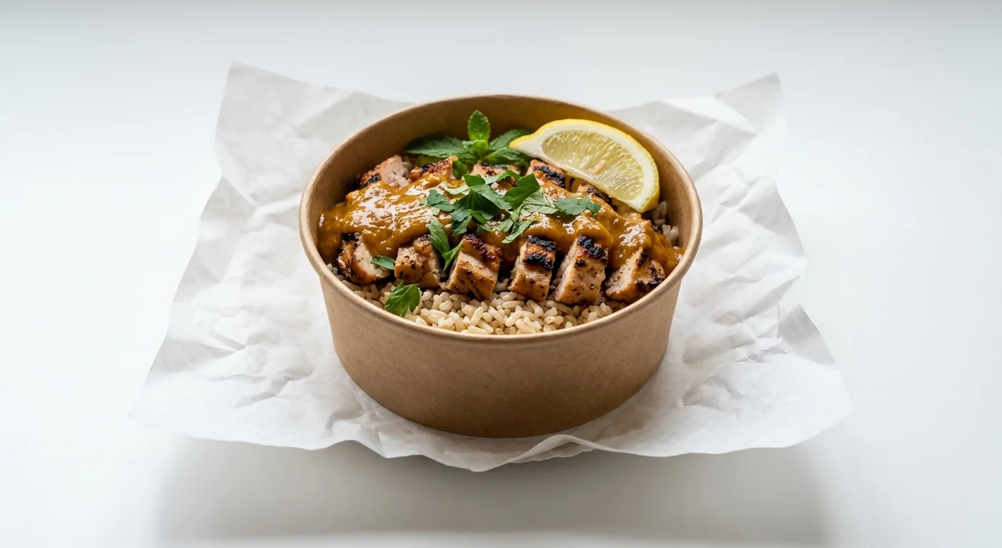 LEON Peanut Satay Chicken Small Box, chargrilled chicken on brown rice with peanut satay sauce and a lemon wedge in a kraft bowl on white paper, nutrition and calories