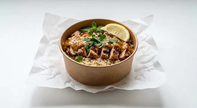 LEON Peanut Satay Chicken Small Box, chargrilled chicken on brown rice with peanut satay sauce and a lemon wedge in a kraft bowl on white paper, nutrition and calories