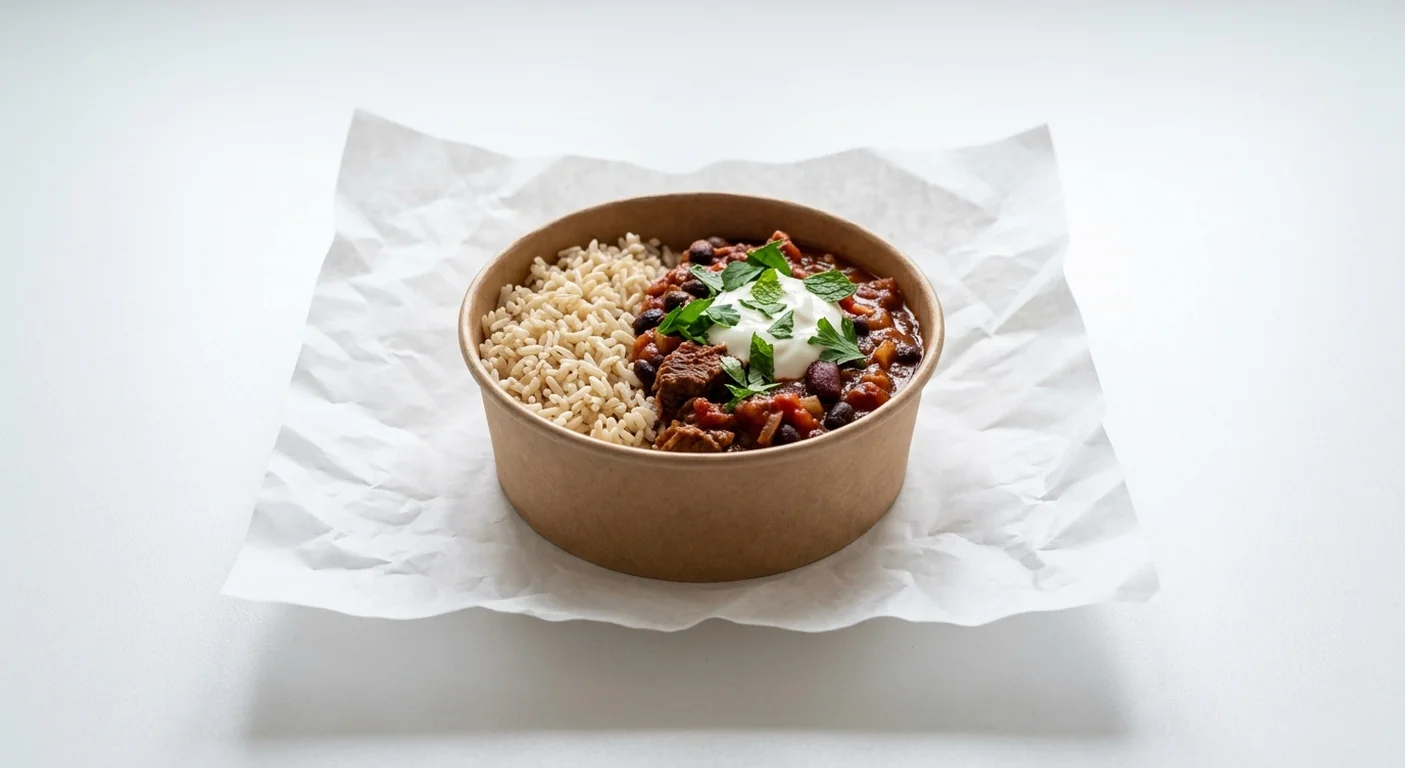 LEON Poker Night Chilli, beef chilli con carne with black beans, brown rice and yoghurt in a kraft bowl on white paper, nutrition and calories