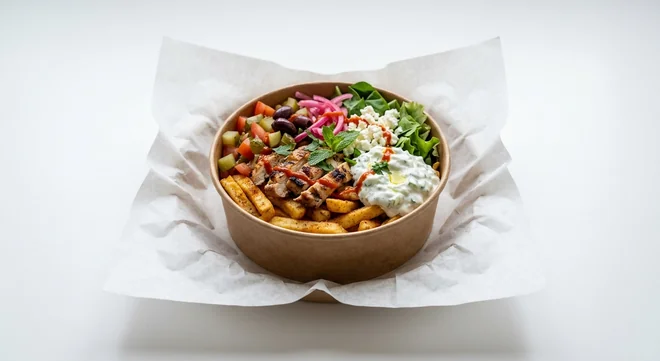 LEON Cheeky Gyros, baked fries loaded with chargrilled chicken, tomato salad, tzatziki, feta and chilli sauce in a kraft bowl on white paper, nutrition and calories