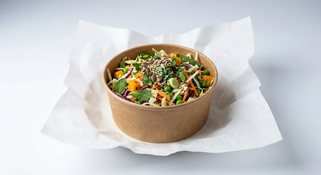 LEON Slaw, crunchy cabbage, carrot and pea slaw with herbs and seeds in a small kraft bowl on white paper, nutrition and calories