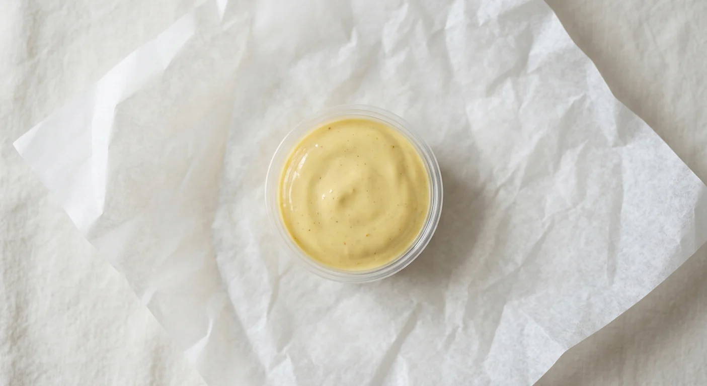 LEON Mustard Mayo Pot, creamy pale yellow mustard mayo in a clear pot on white paper, nutrition and calories