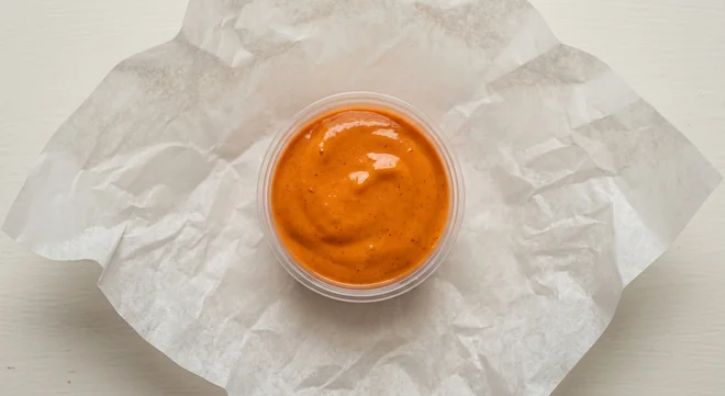 LEON Korean Mayo Pot, creamy orange-red Korean mayo in a clear pot on white paper, nutrition and calories