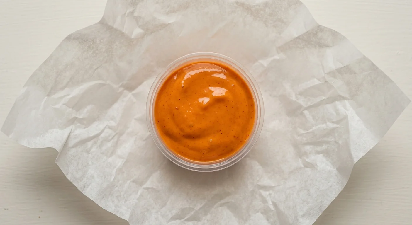 LEON Korean Mayo Pot, creamy orange-red Korean mayo in a clear pot on white paper, nutrition and calories