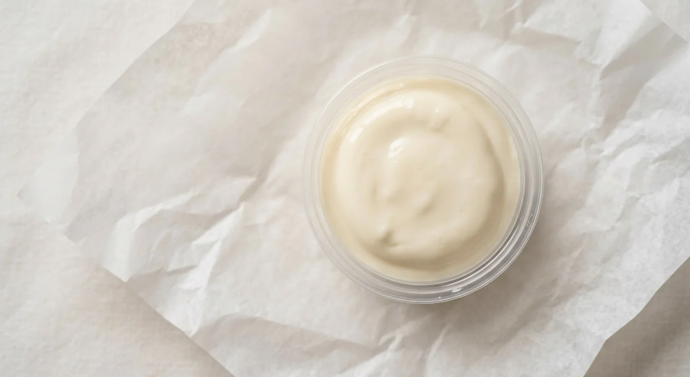 LEON Vegan Aioli Pot, smooth creamy white vegan garlic aioli in a clear pot on white paper, nutrition and calories