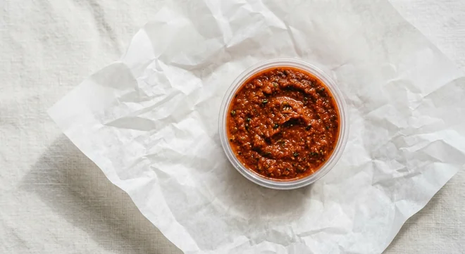 LEON Chantal's Romesco Pot, thick brick-red roasted pepper romesco sauce in a clear pot on white paper, nutrition and calories