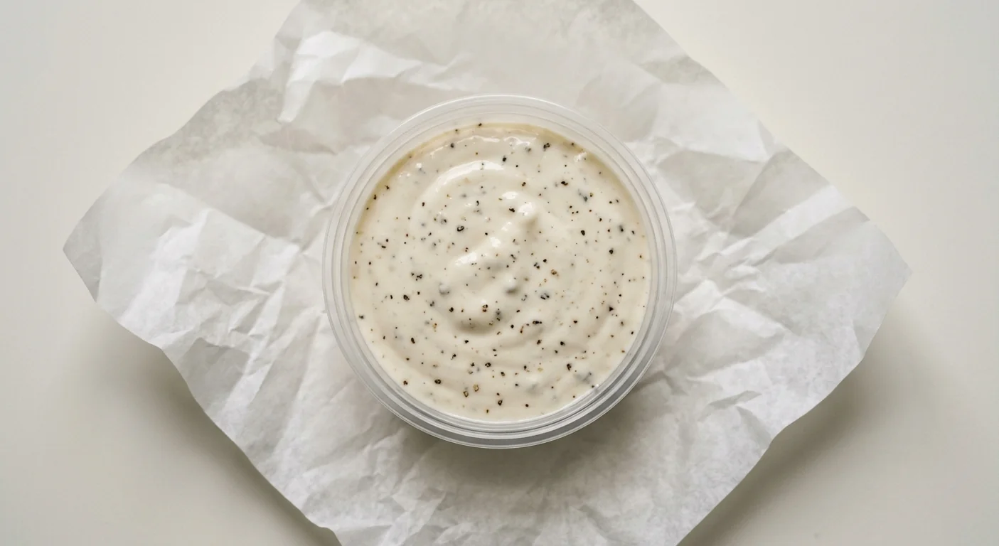 Chick-fil-A Creamy Caesar Dressing, creamy Caesar dressing with cracked black pepper in a clear pot on white paper, nutrition and calories