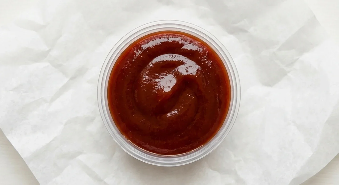 Subway BBQ Dunk Pot, smoky BBQ sauce in a small clear pot on white paper, nutrition and calories