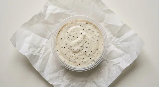 Chick-fil-A Creamy Caesar Dressing, creamy Caesar dressing with cracked black pepper in a clear pot on white paper, nutrition and calories