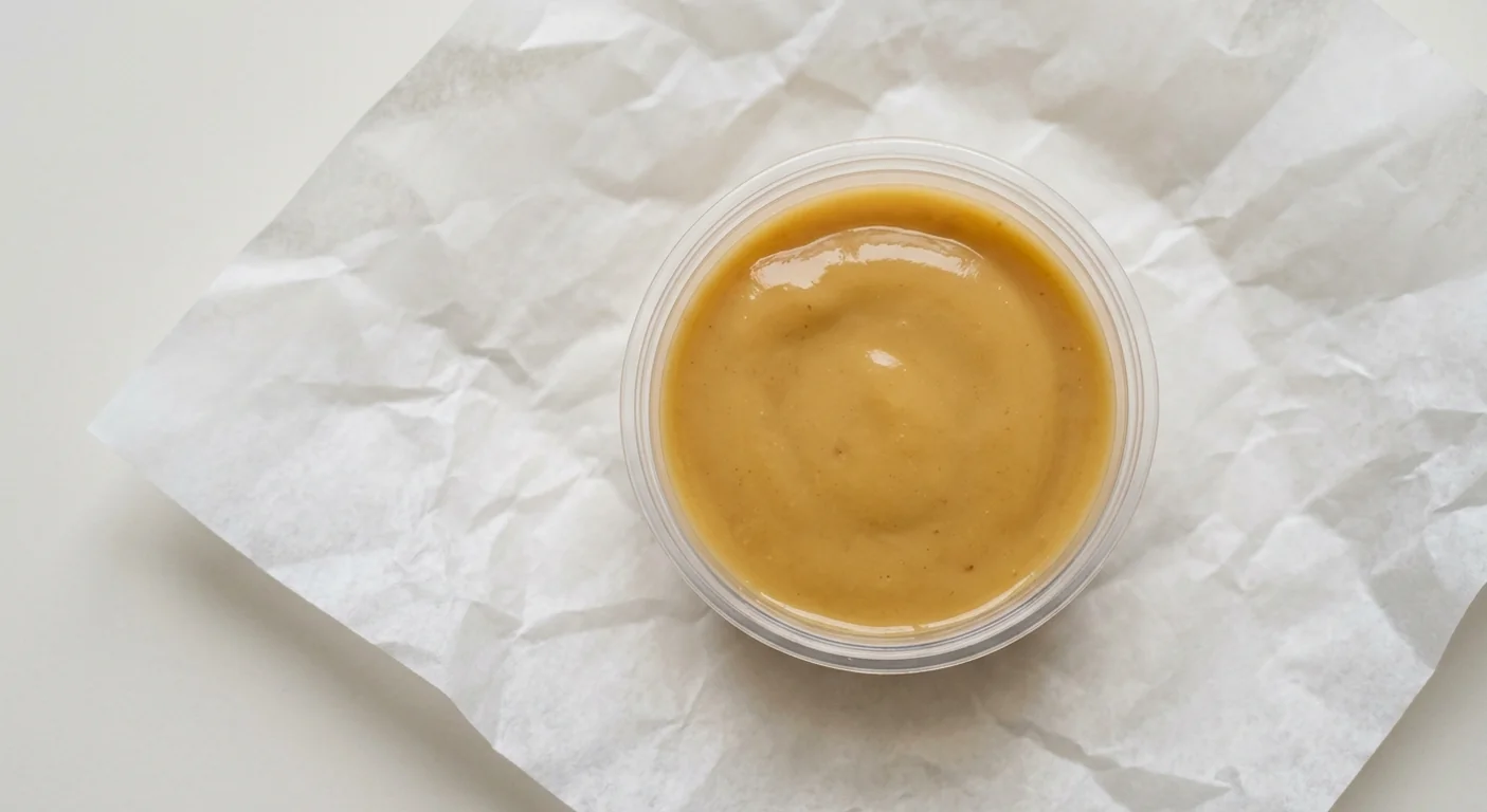 Chick-fil-A Sauce, creamy golden honey mustard barbecue sauce in a clear pot on white paper, nutrition and calories