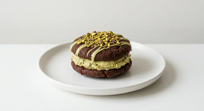 Costa Chocolate & Pistachio Cookie Sandwich, chocolate cookie sandwich with pistachio cream filling and chopped pistachios on a white plate, nutrition and calories