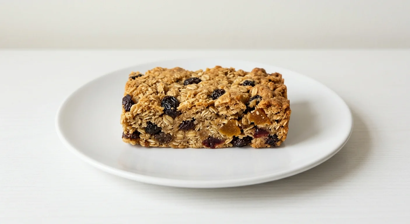 Costa Fruity Flapjack, oat flapjack with raisins and dried fruit on a white plate, nutrition and calories