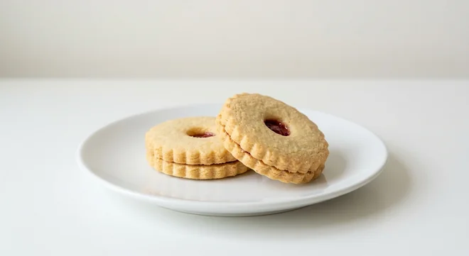 Costa All Butter Jammy Shortbread, two round shortbread sandwich biscuits with raspberry jam filling on a white plate, nutrition and calories