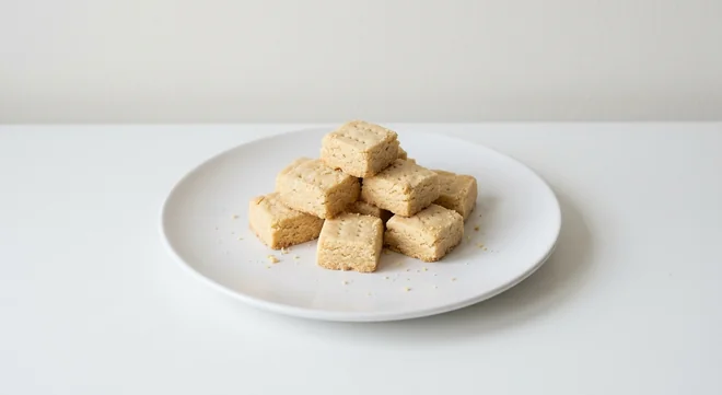 Costa Mini All Butter Shortbread (Bag), bite-sized square shortbread pieces on a white plate, nutrition and calories