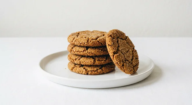 Costa Ginger Biscuits, stack of round crisp ginger biscuits on a white plate, nutrition and calories