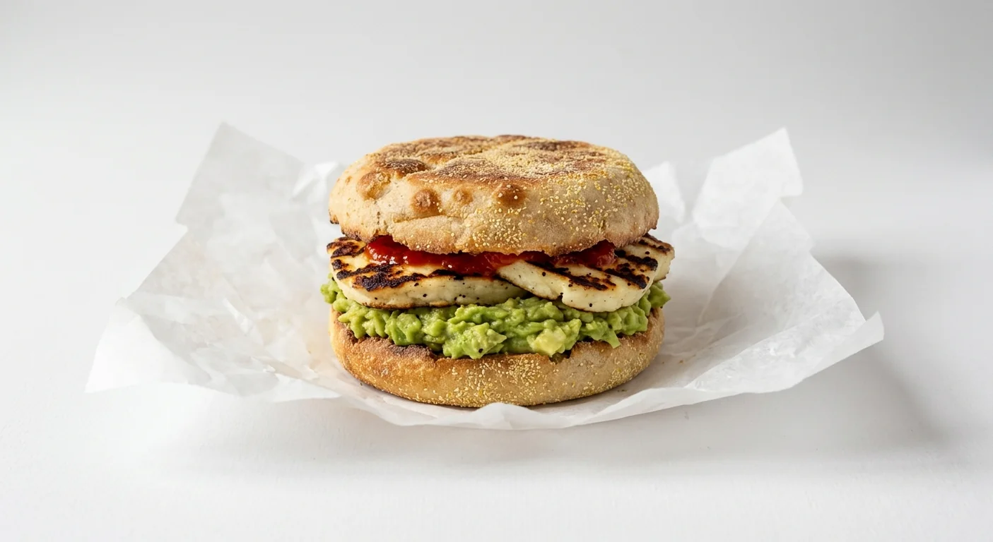 LEON Avocado and Halloumi Muffin, sourdough muffin with grilled halloumi, smashed avocado and chilli sauce on white paper, nutrition and calories