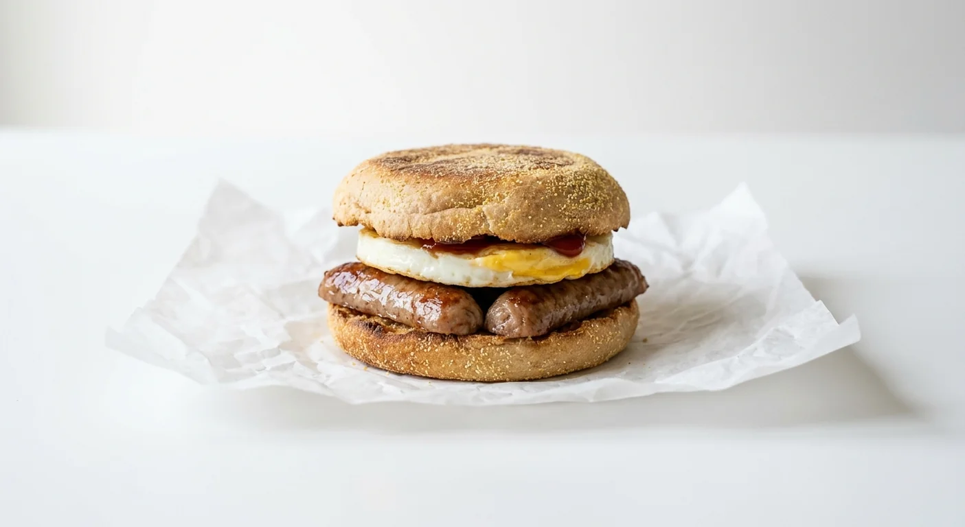 LEON Sausage and Egg Muffin, sourdough muffin with two Cumberland sausages, egg and ketchup on white paper, nutrition and calories