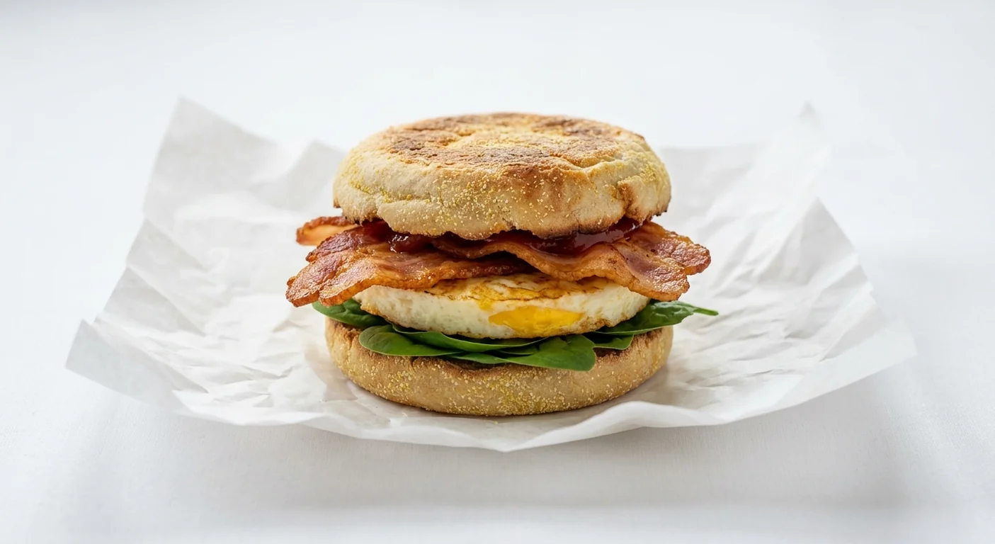 LEON Bacon and Egg Muffin, sourdough muffin with bacon, egg, spinach and ketchup on white paper, nutrition and calories