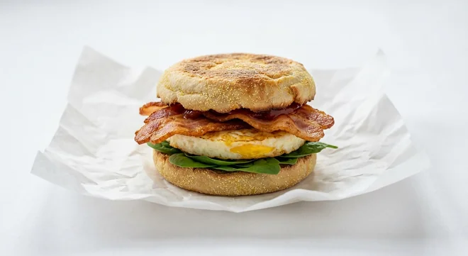 LEON Bacon and Egg Muffin, sourdough muffin with bacon, egg, spinach and ketchup on white paper, nutrition and calories