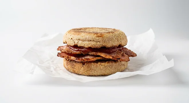 LEON Bacon Muffin, sourdough muffin with crisp bacon and ketchup on white paper, nutrition and calories
