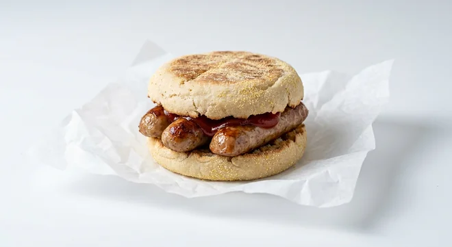 LEON Sausage Muffin, sourdough muffin with two Cumberland sausages and ketchup on white paper, nutrition and calories