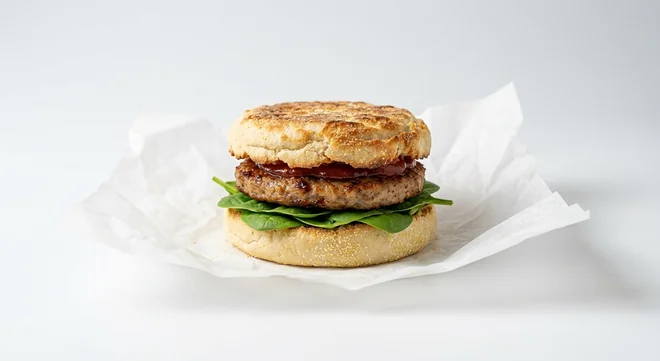 LEON Vegan Sausage Muffin, sourdough muffin with a plant-based sausage patty, spinach and ketchup on white paper, nutrition and calories