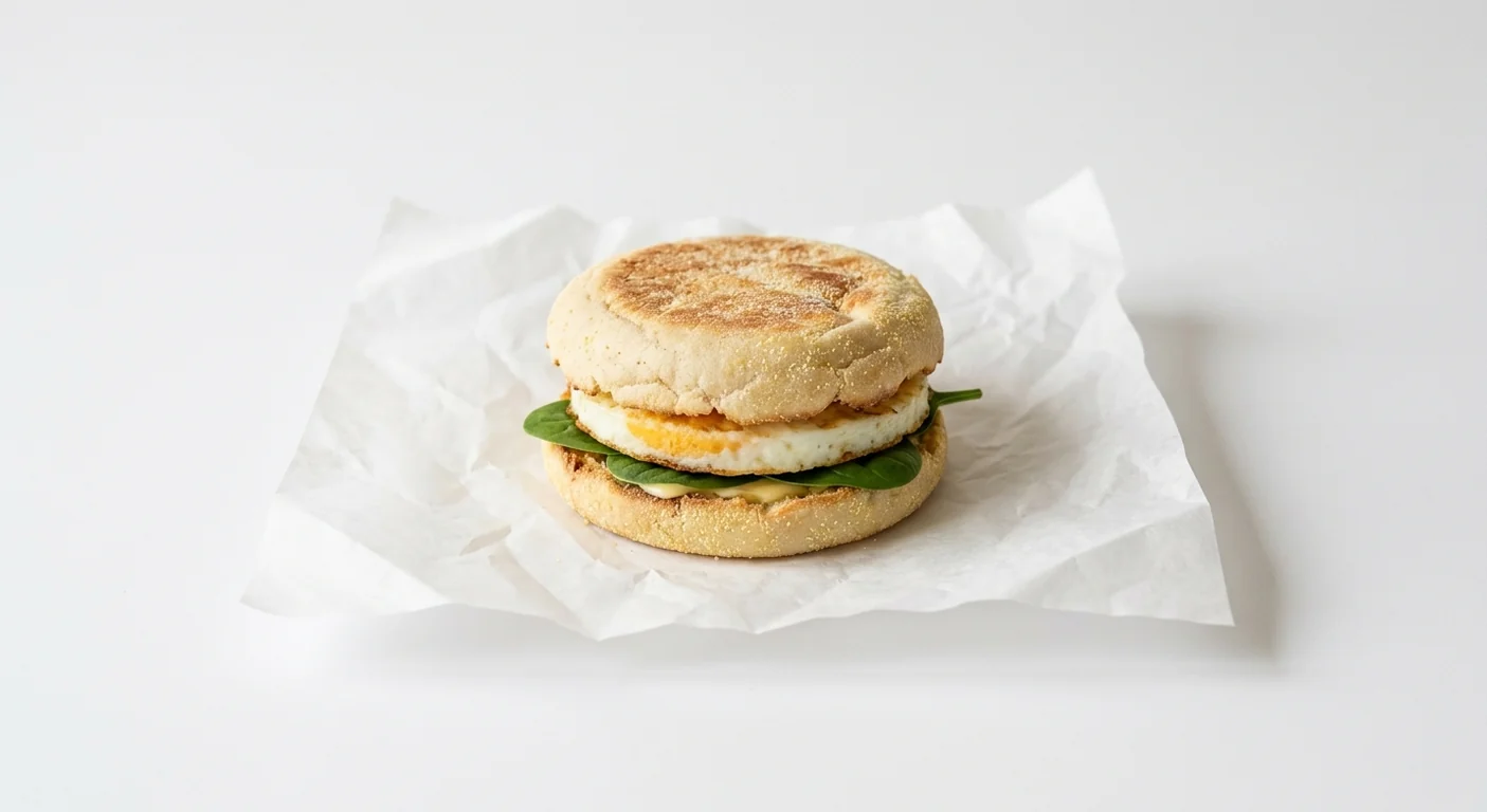 LEON Kids Egg Muffin, sourdough muffin with egg, butter and spinach on white paper, nutrition and calories